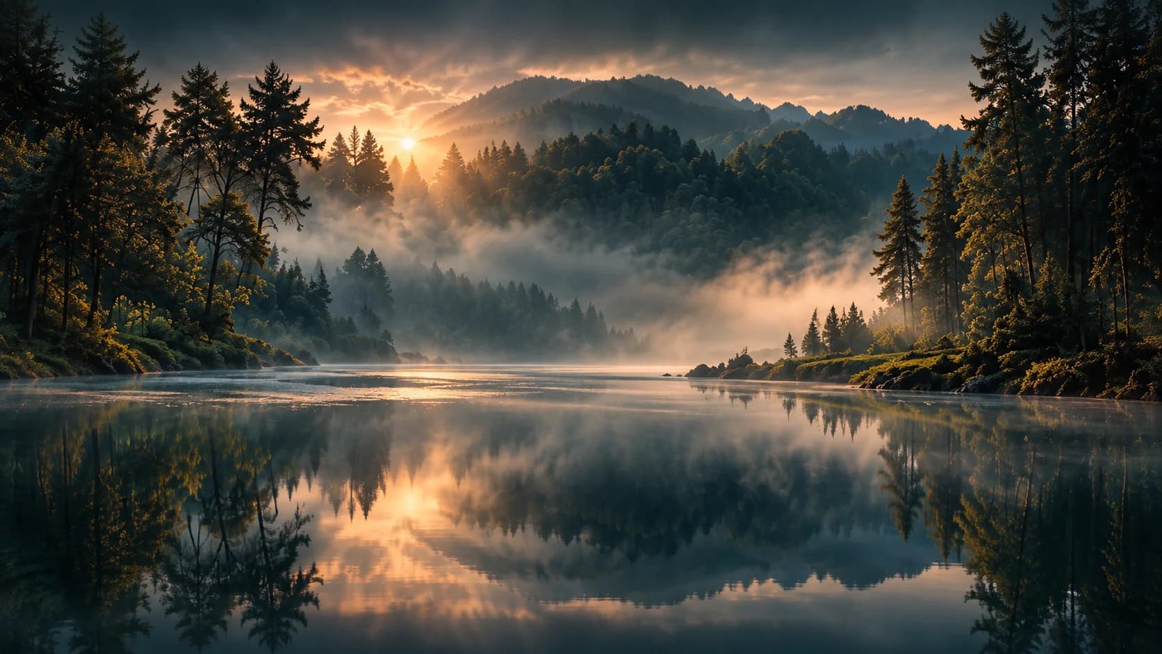 Stil meer dat de zonsopkomst en de beboste oevers weerspiegelt