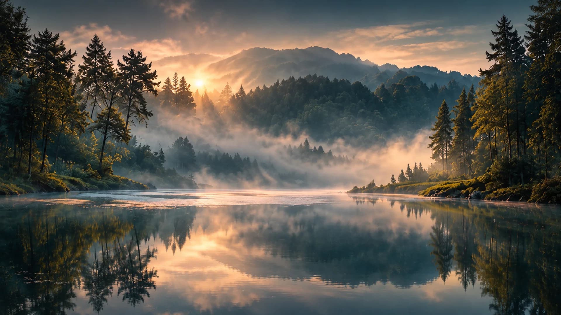 Bergmeer bij zonsopkomst, met mist tussen de dennenbossen en de zon boven de bergen